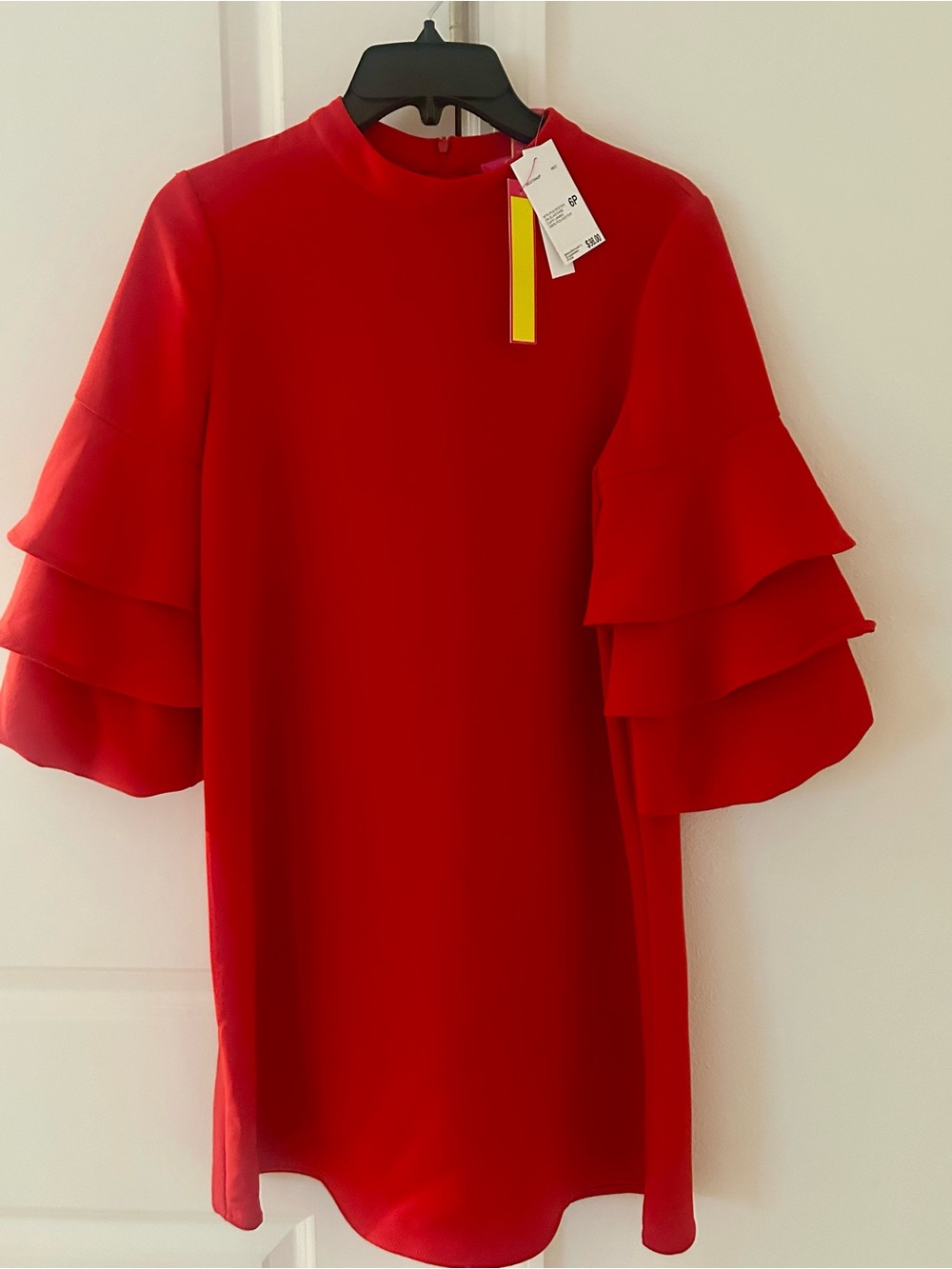 Catherine Malandrino Red Tiered Ruffle Sleeve Mock Neck Shift Dress.